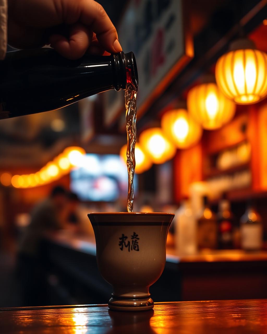 Sake being poured into a ceramic cup at the bar