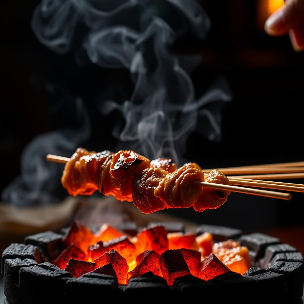 Yakitori grilling over binchotan